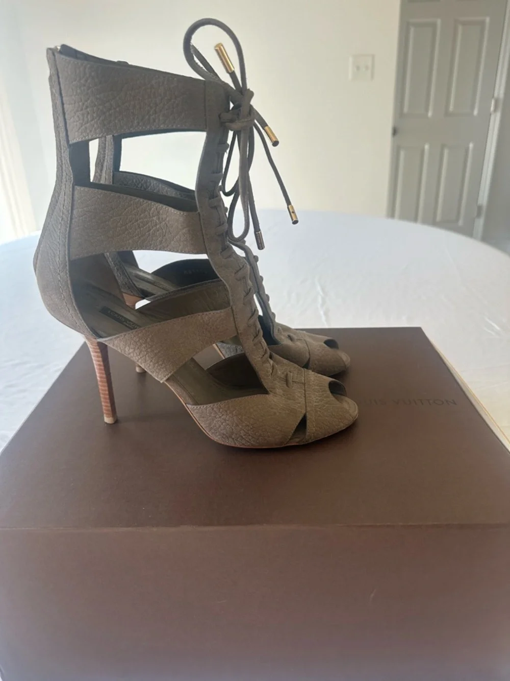 Louis Vuitton Taupe Lace-Up Peep-Toe High Heels - Picture 4 of 5